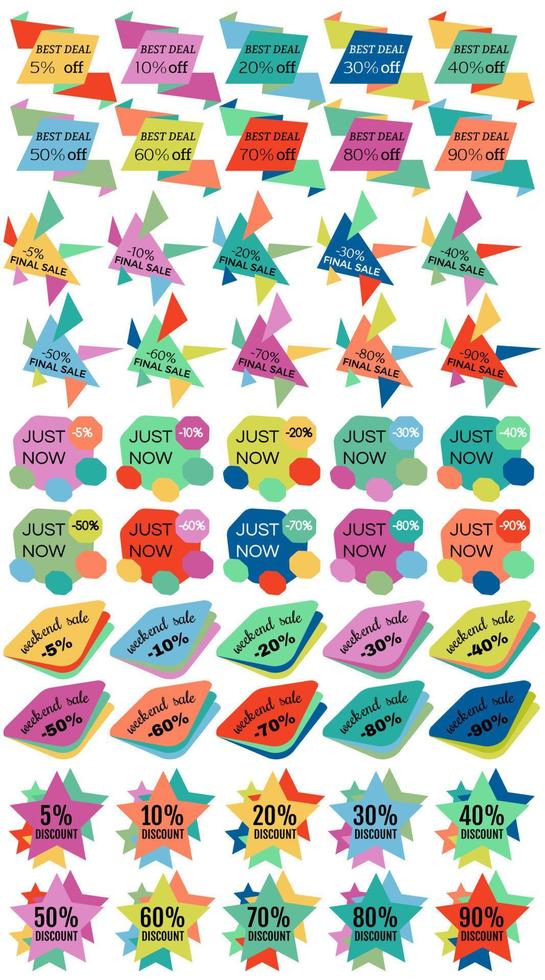 Set of Sale Discount Labels, Tags, Emblems. Web collection of stickers and badges for sale. Isolated vector illustration.