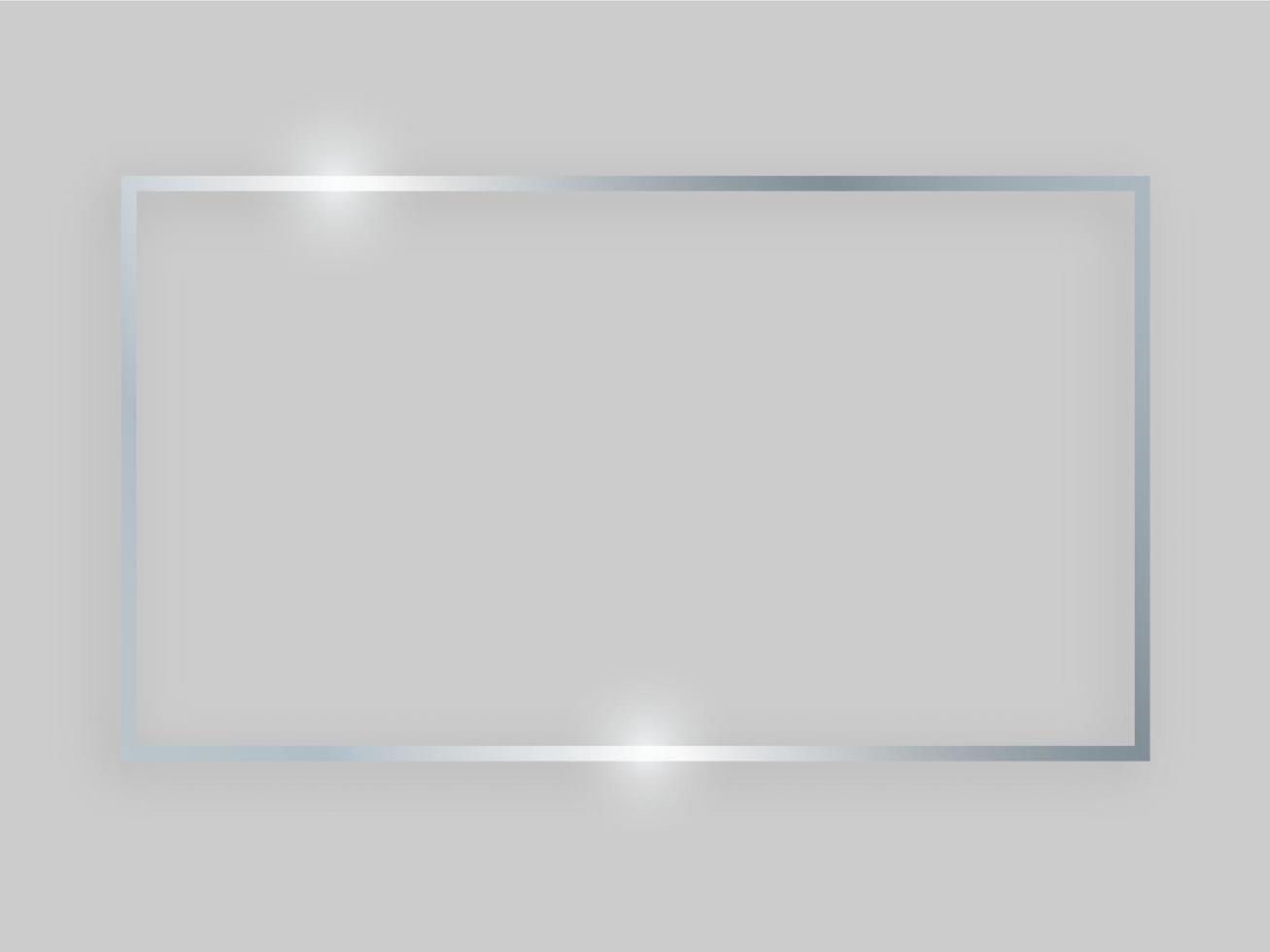 Shiny frame with glowing effects. Silver rectangular frame with shadow on grey background. Vector illustration