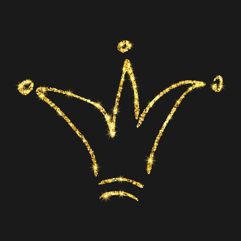 Gold glitter hand drawn crown. Simple graffiti sketch queen or king crown. Royal imperial coronation and monarch symbol isolated on dark background. Vector illustration.