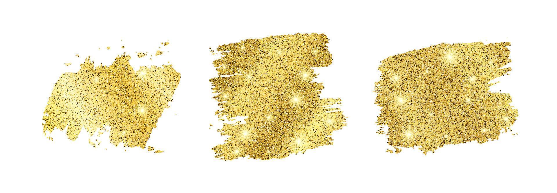 Set of three golden glittering smears on a white background. Background with gold sparkles and glitter effect. Empty space for your text. Vector illustration