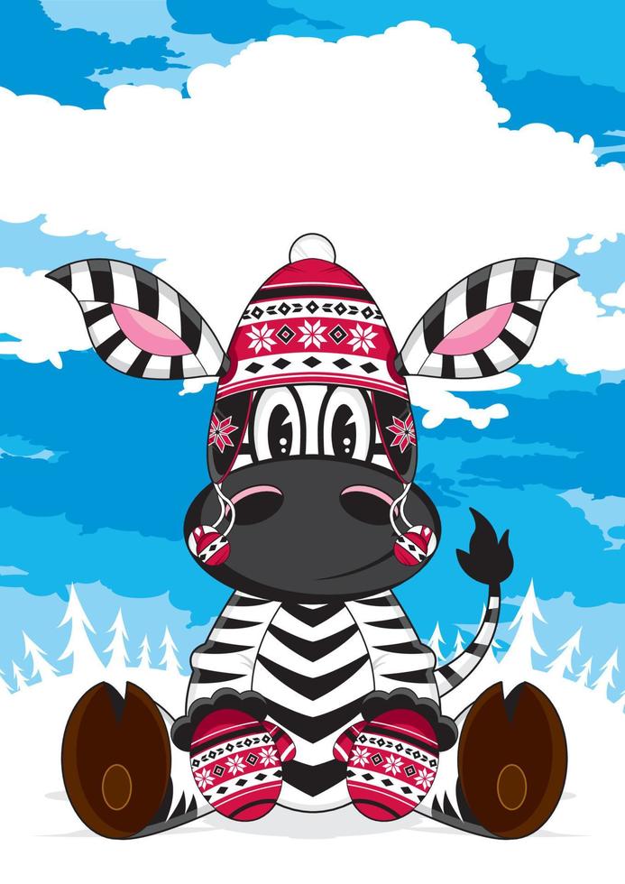 Cartoon Adorable Zebra in Wooly Hat and Mittens Illustration vector