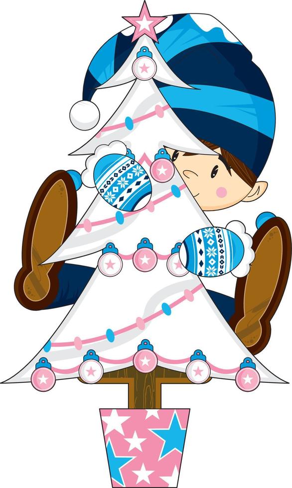 Cute Cartoon Christmas Elf Climbing Xmas Tree vector
