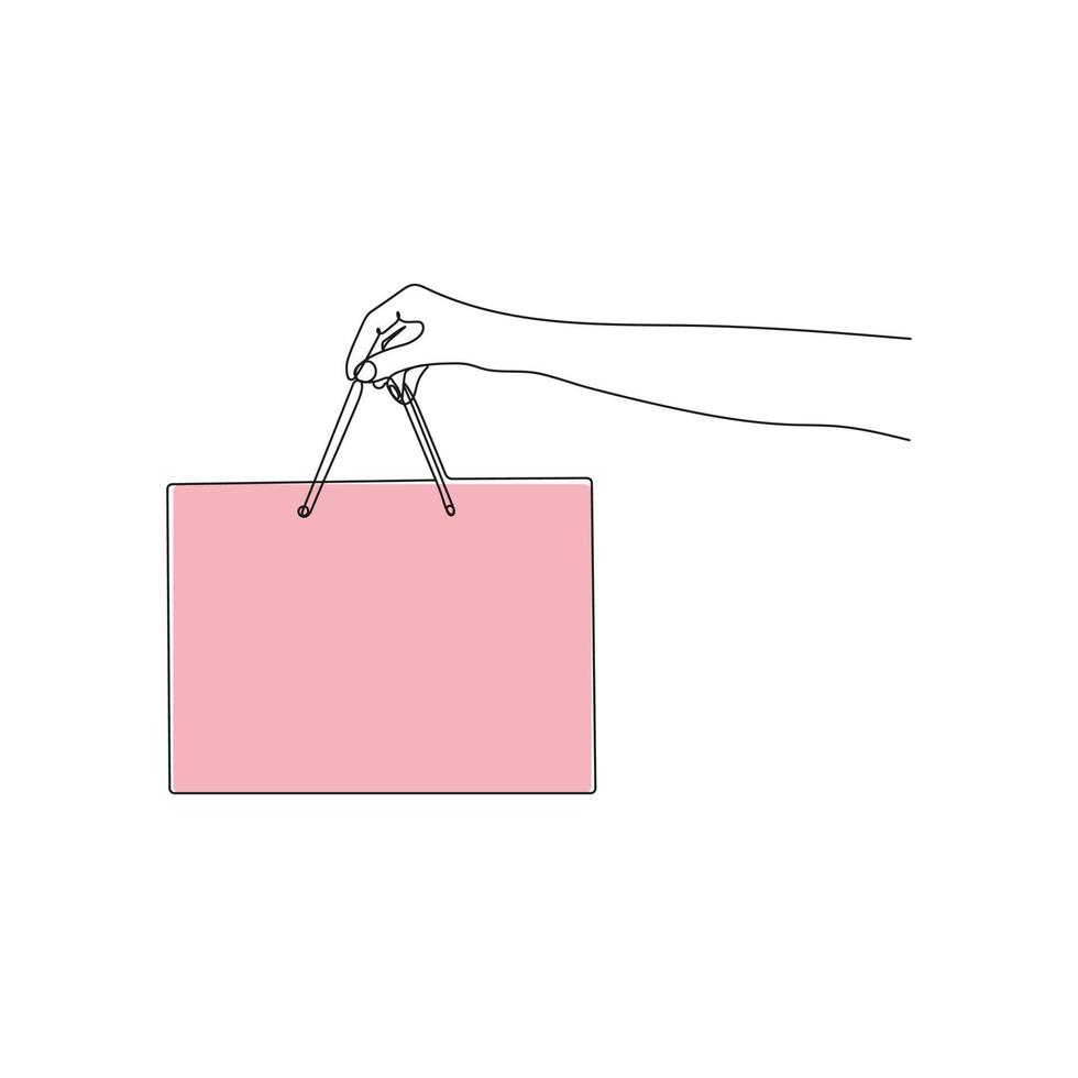 Hand holding paper bag. One line art. Shopping, delivery concept. Minimalist hand drawn vector illustration.