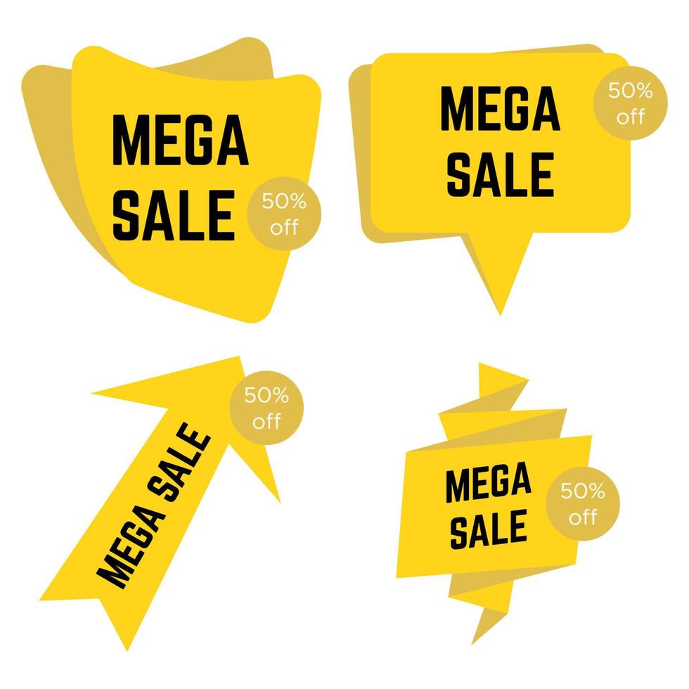 Set of four yellow mega sale stickers with text. Sale label template. Vector illustration
