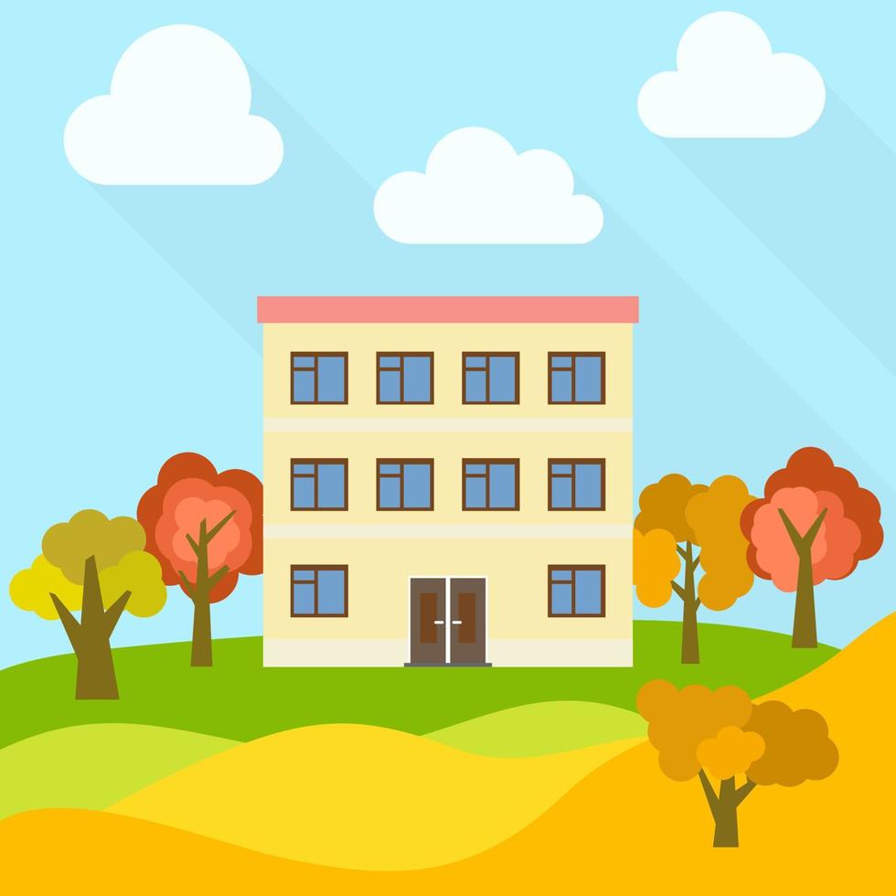 Lone three-storey house in a field with an yellow trees. Vector illustration.