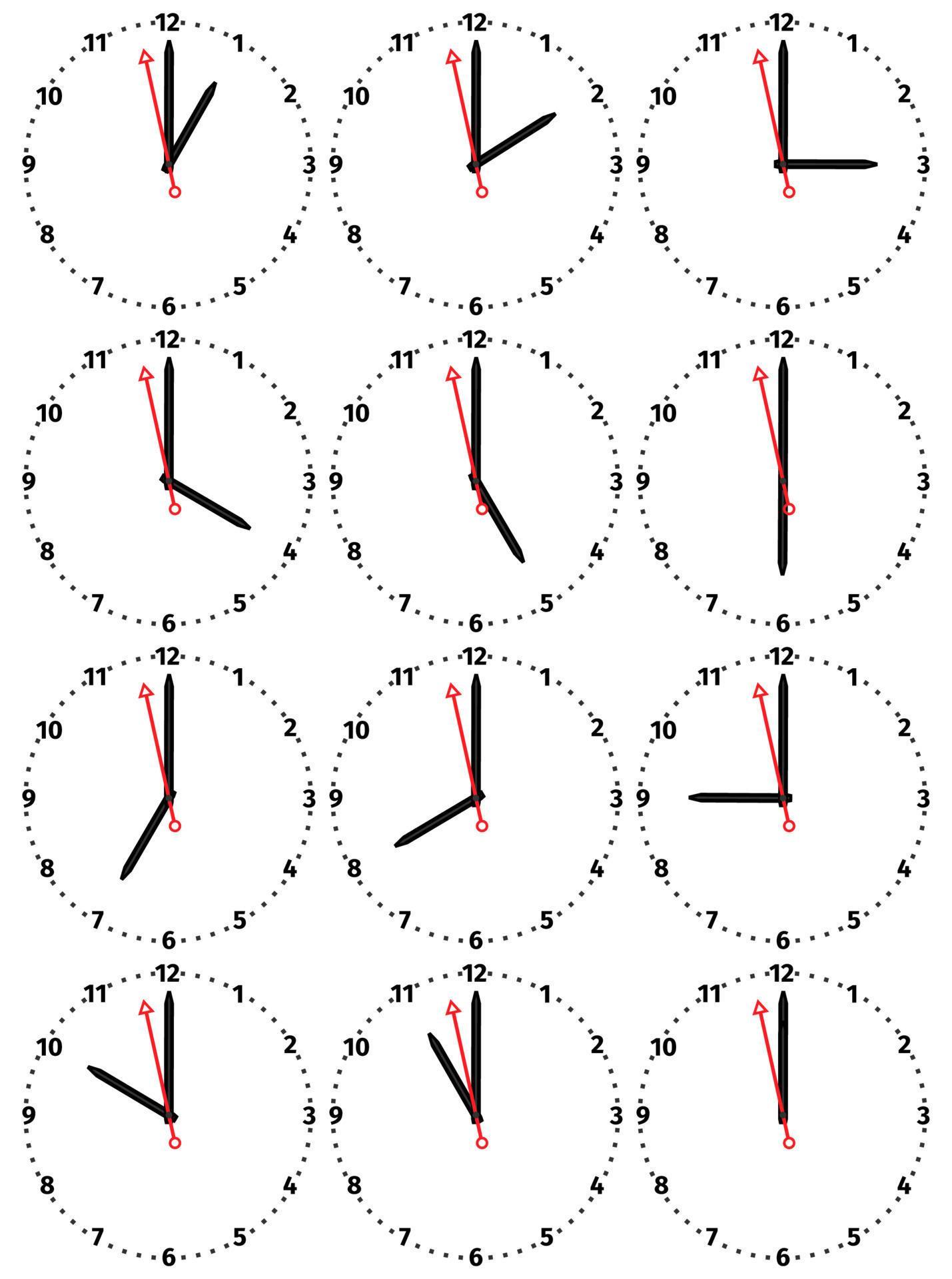 A set of mechanical clocks with an image of each of the twelve hours