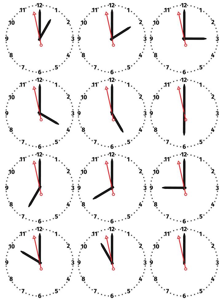 A set of mechanical clocks with an image of each of the twelve hours. Clock face on white background. vector