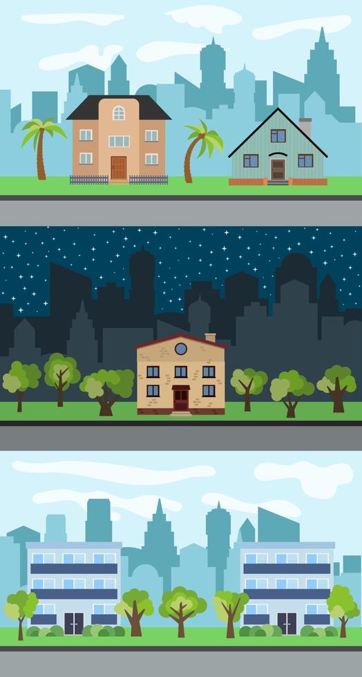 Set of three vector illustrations of city street with cartoon houses and trees. Summer urban landscape. Street view with cityscape on a background