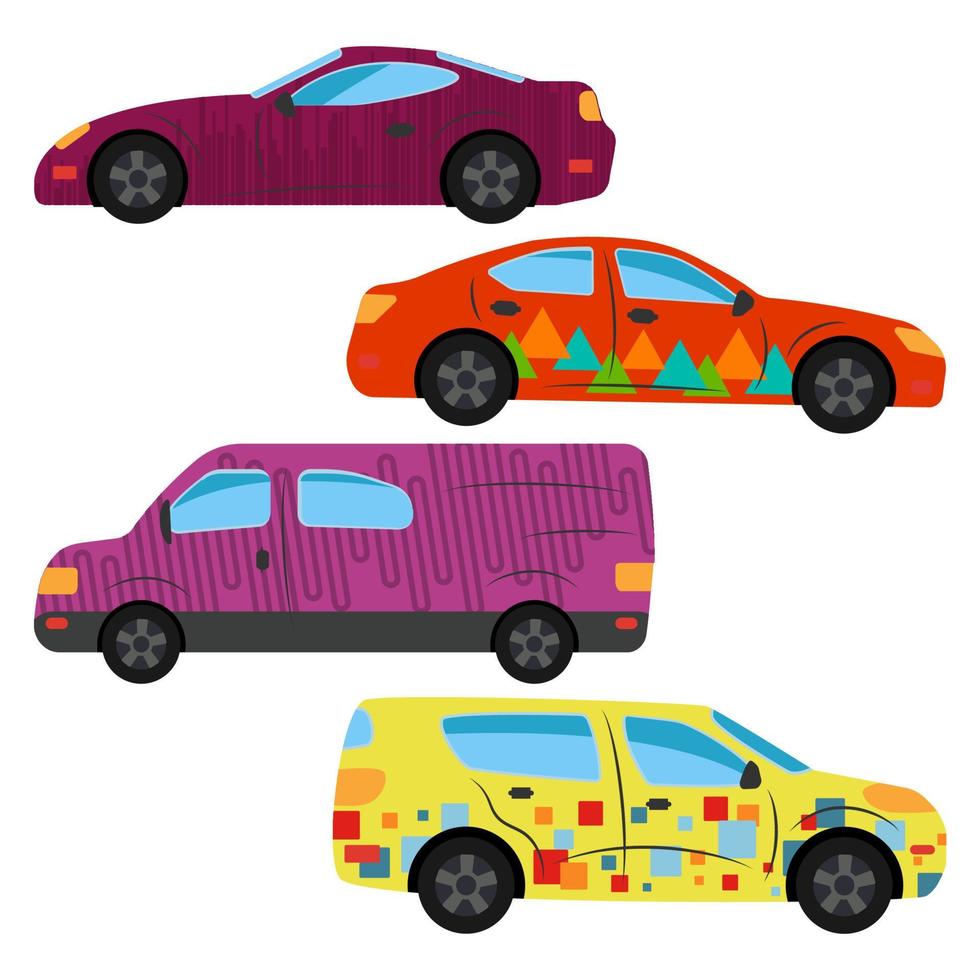 un conjunto de cuatro coches pintados en diferentes colores. ilustración vectorial vector