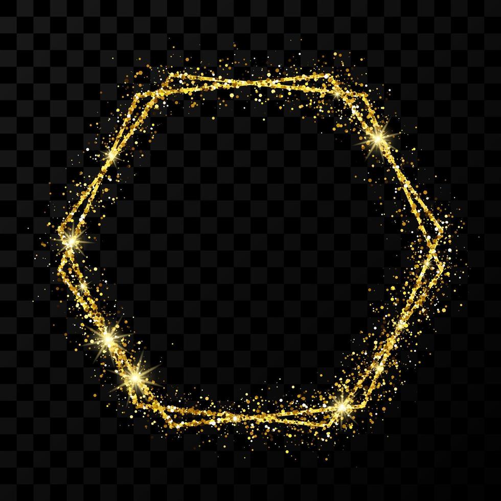 Gold double hexagon frame. Modern shiny frame with light effects isolated on dark vector