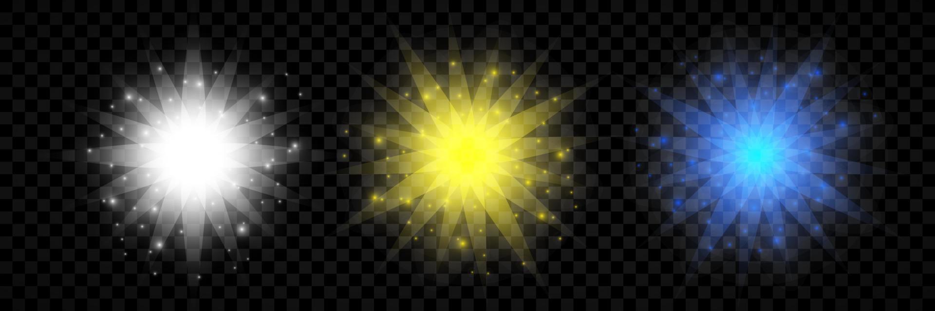 Light effect of lens flares. Set of three white, yellow and blue glowing lights starburst effects with sparkles vector