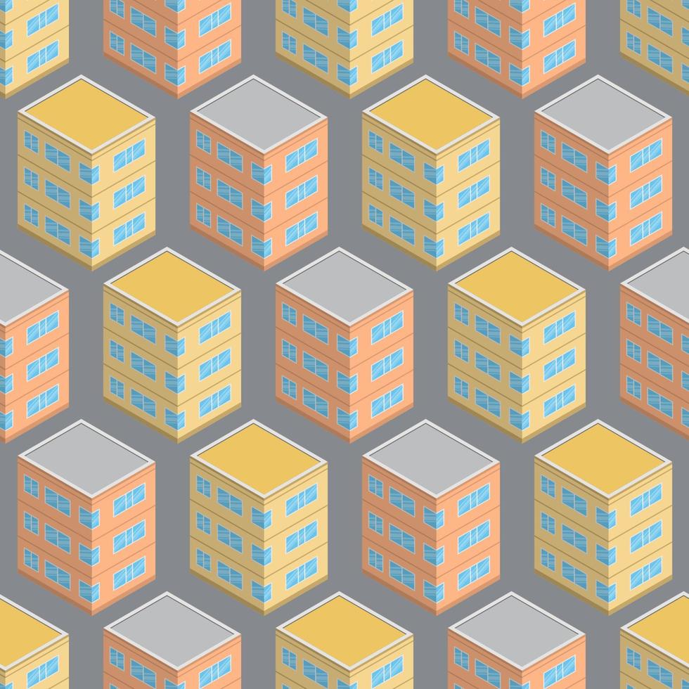 Isometric building seamless pattern. Urban architecture concept background. City buildings in isometric style. Vector illustration.