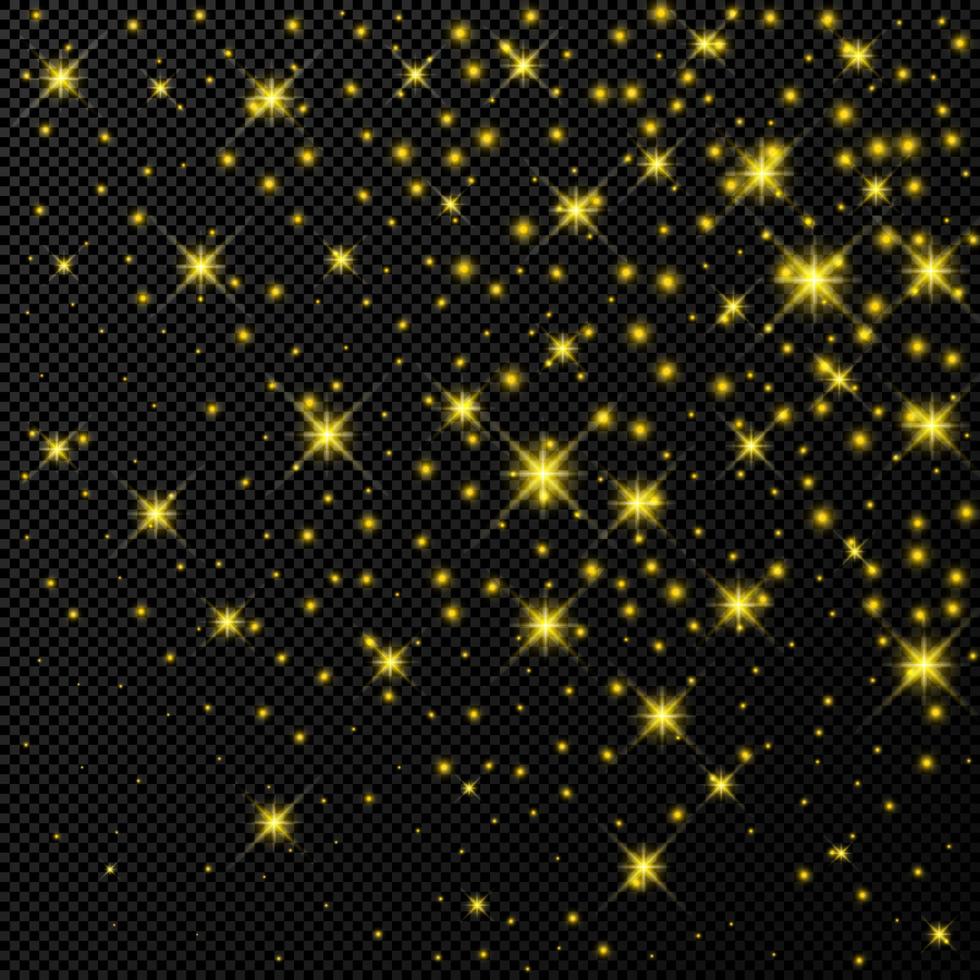 Gold backdrop with stars and dust sparkles isolated on dark transparent background. Celebratory magical Christmas shining light effect. Vector illustration.