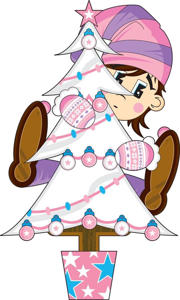 Cute Cartoon Christmas Elf Climbing Xmas Tree vector