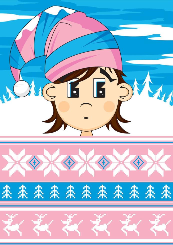 Cartoon Christmas Elf in Wooly Hat with Reindeer and Snowflakes vector