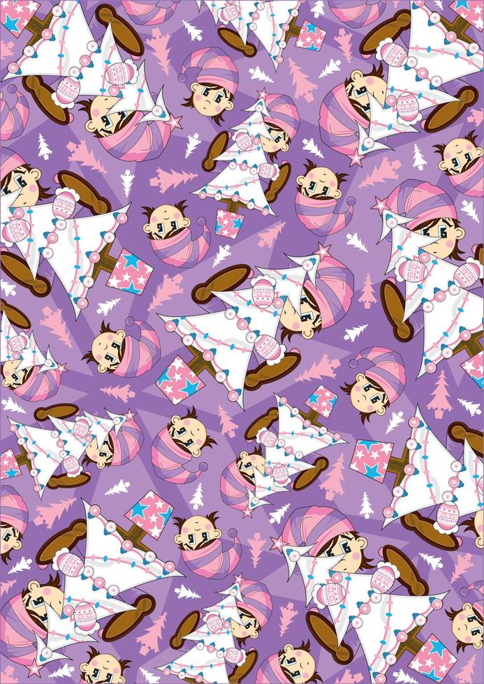 Cartoon Christmas Elf with Xmas Trees and Snowflakes Pattern vector