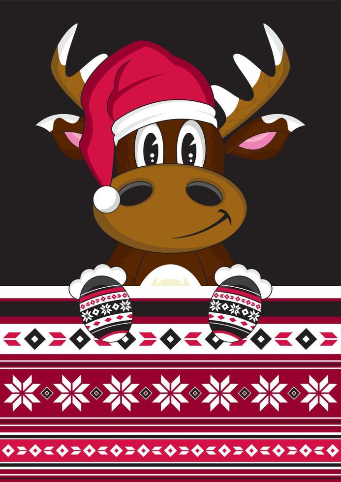 Cartoon Santa Claus Christmas Reindeer Character and Xmas Pattern vector