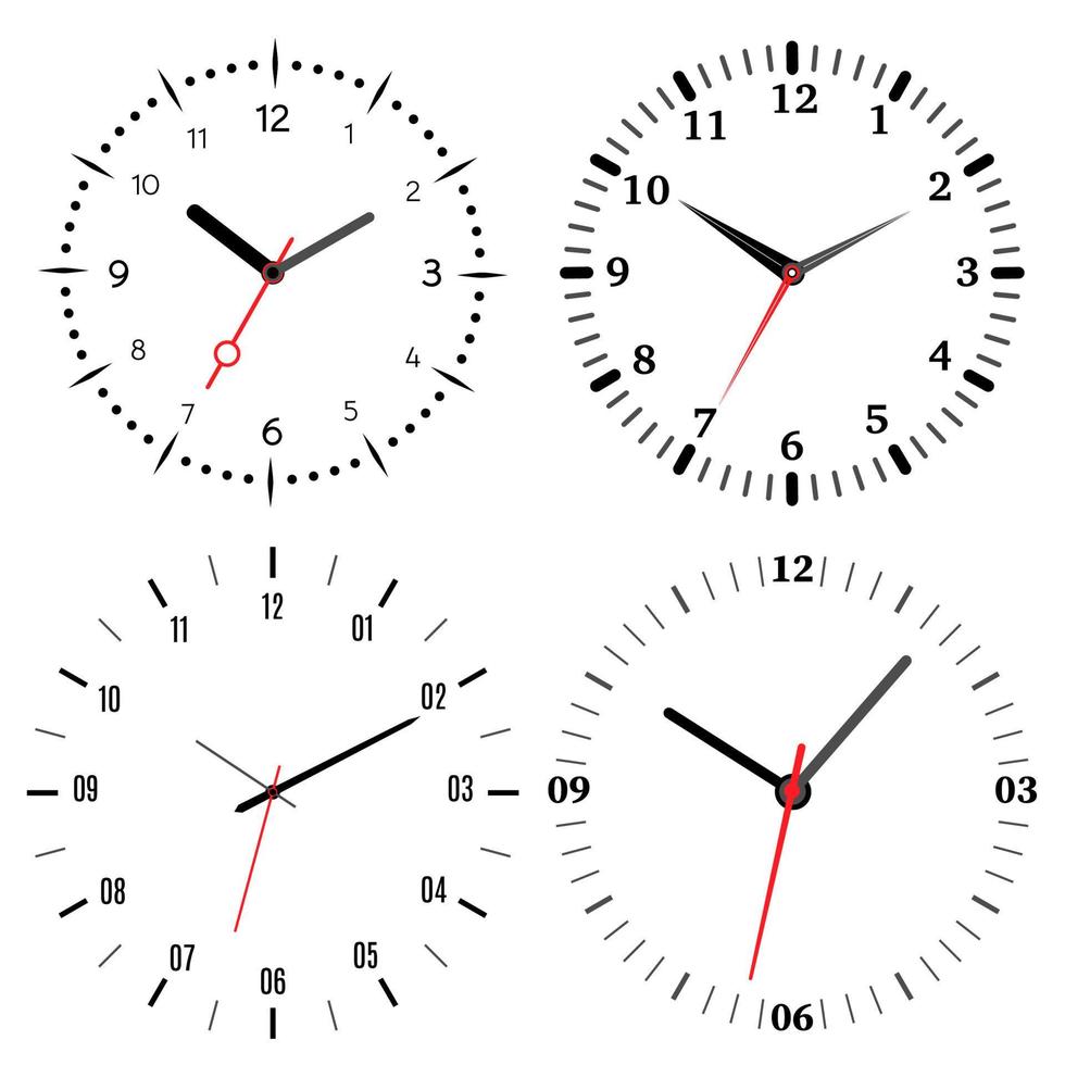 A set of four mechanical clocks. Clock face on white background. vector