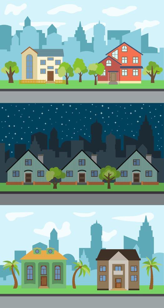 Set of three vector illustrations of city street with cartoon houses and trees. Summer urban landscape. Street view with cityscape on a background