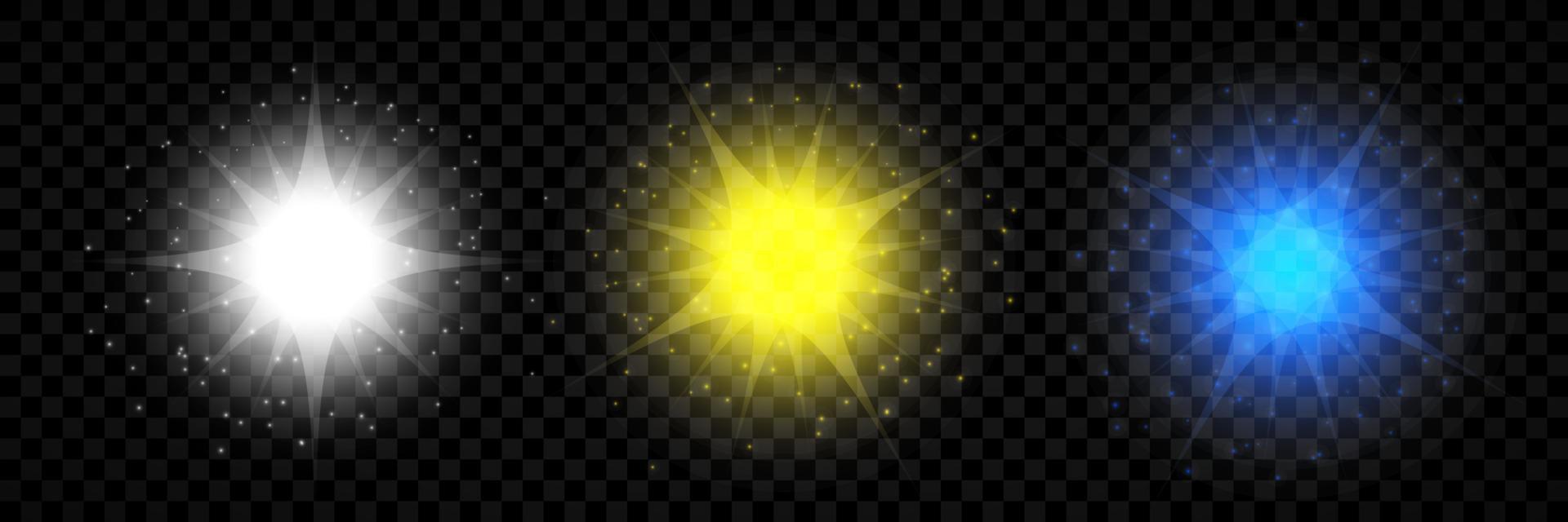 Light effect of lens flares. Set of three white, yellow and blue glowing lights starburst effects with sparkles vector