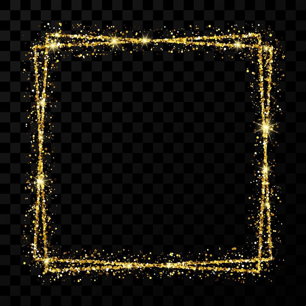 Gold double square frame. Modern shiny frame with light effects isolated on dark vector