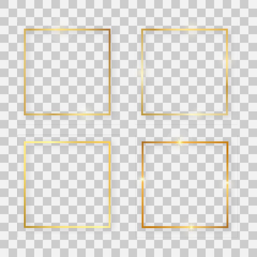 Set of four gold shiny square frames with glowing effects and shadows vector