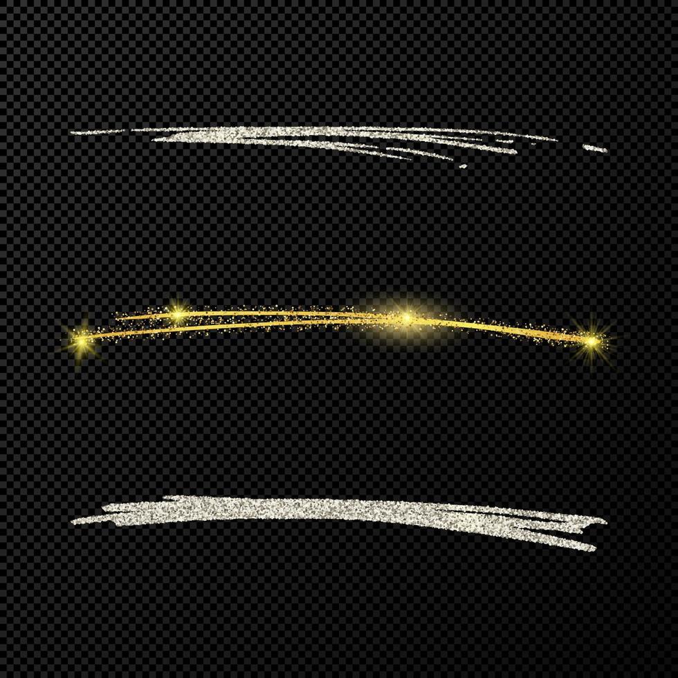 Abstract shiny confetti glittering waves. Set of three hand drawn brush golden and silver strokes on black vector