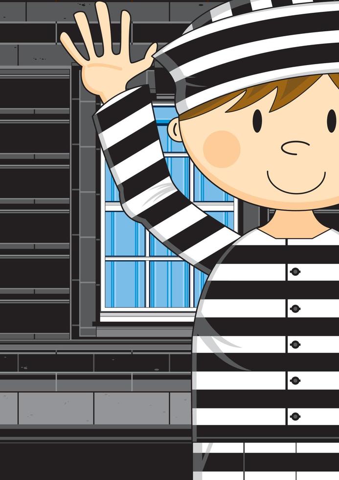 dibujos animados prisionero en clásico a rayas prisión uniforme con manos arriba vector