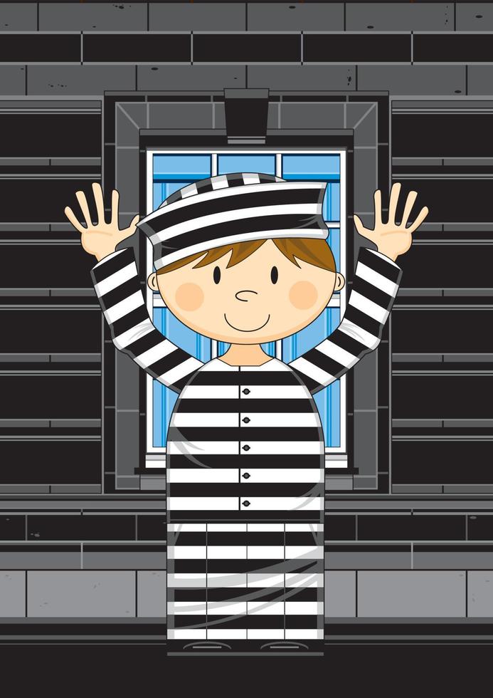 Cartoon Prisoner in Jail Cell Wearing a Classic Striped Prison Uniform vector