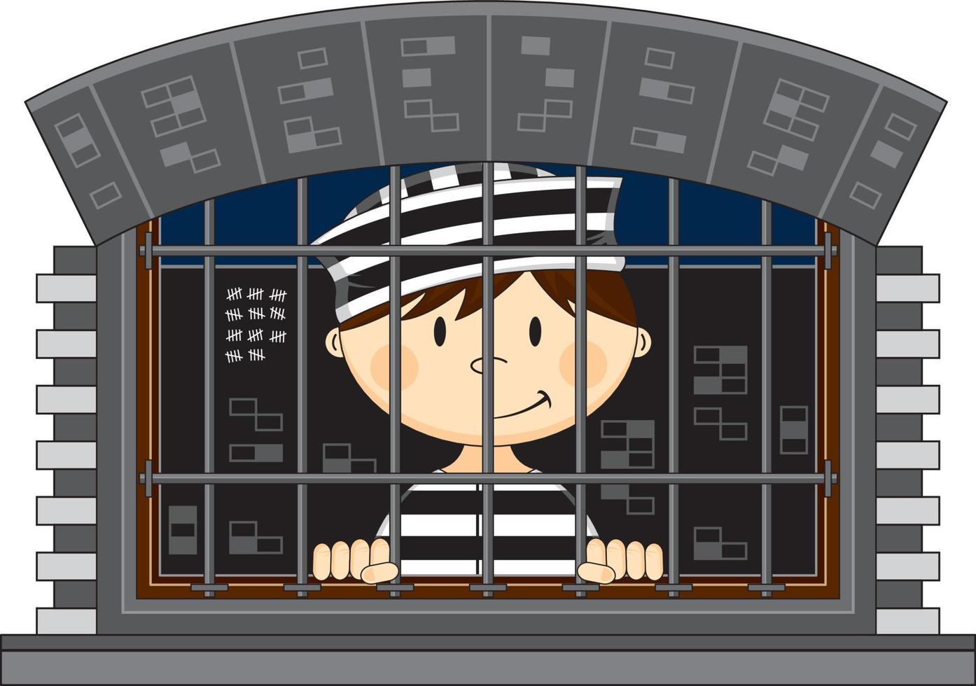 dibujos animados prisionero vistiendo clásico a rayas prisión uniforme en cárcel célula vector