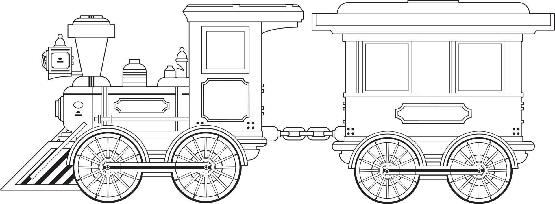 Cartoon Retro Wild West Steam Train Line Art vector