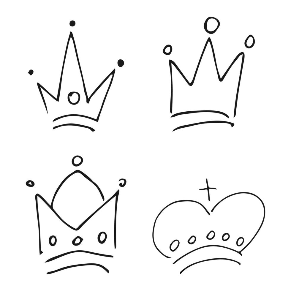 Hand drawn crowns. Set of four simple graffiti sketch queen or king crowns. Royal imperial coronation and monarch symbols vector