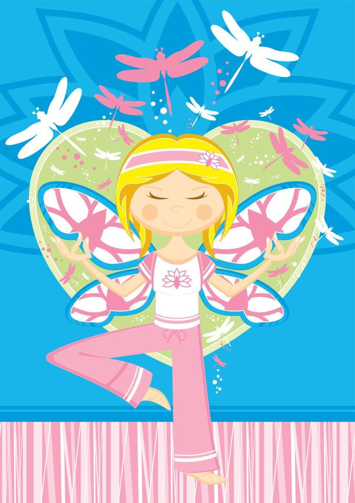 Cute Cartoon Yoga Girl with Wings and Dragonflies Illustration vector