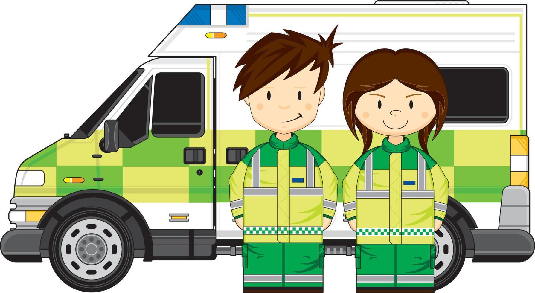 Cute Cartoon British Paramedics with Ambulance vector