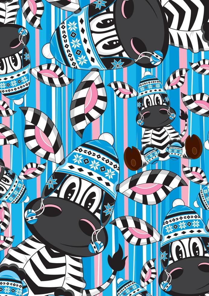 Cartoon Adorable Zebra in Wooly Hat and Mittens Pattern vector