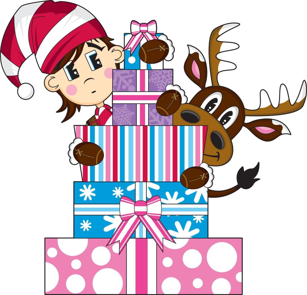 Cartoon Christmas Elf and Reindeer with Gifts vector