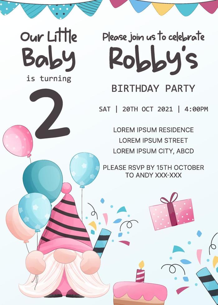 birthday party invitation template with gnome vector