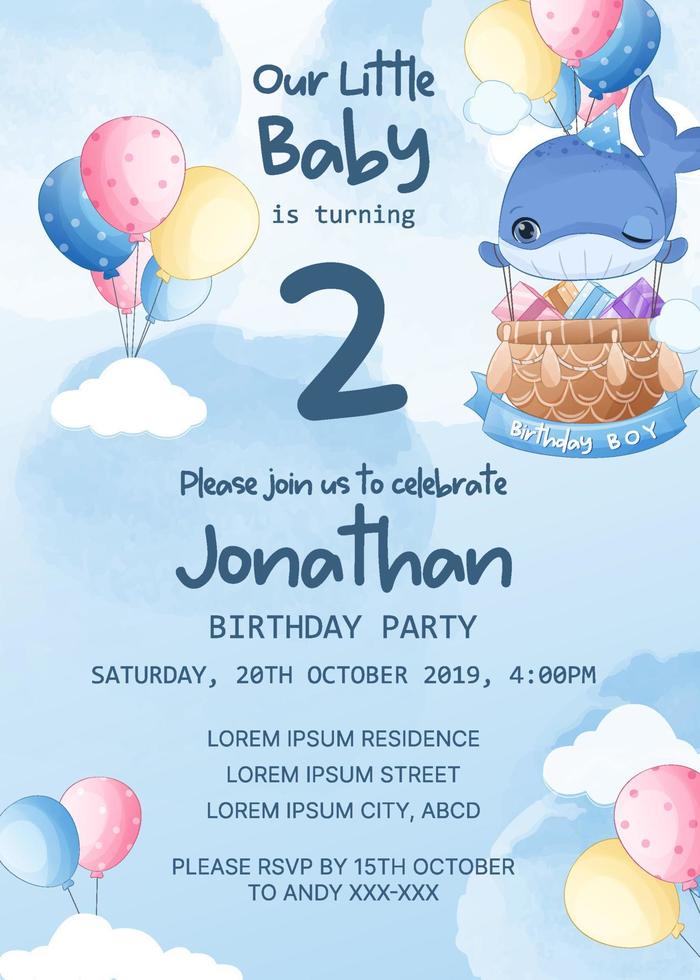 birthday party invitation template with flying whale vector