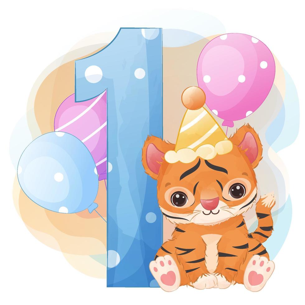 Decorative number with cute wild animal for birthday decoration vector