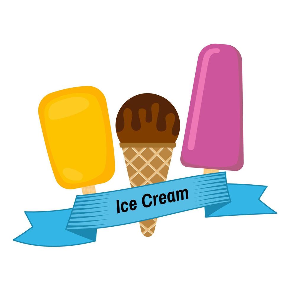 Three different ice cream wrapped in blue ribbon with the inscription ice cream. Vector illustration