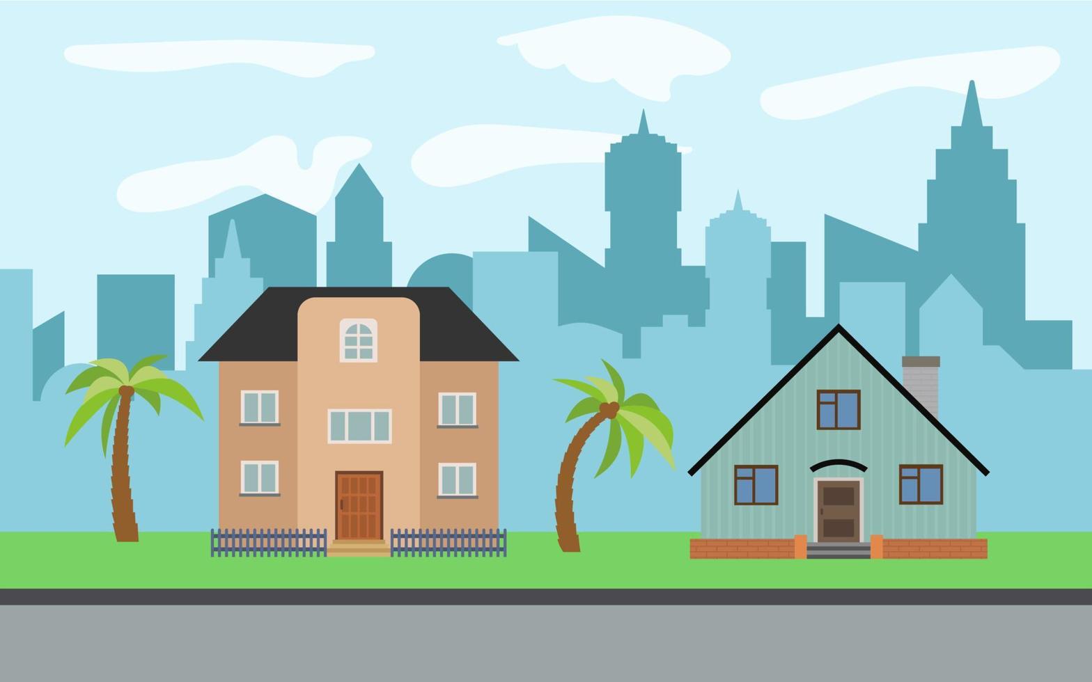 Vector city with two two-story cartoon houses and palm trees in the sunny day. Summer urban landscape. Street view with cityscape on a background