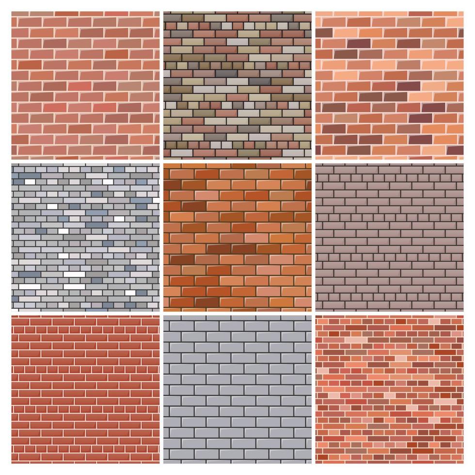 Brick wall. Set of nine red and grey brick wall backgrounds. Vector illustration