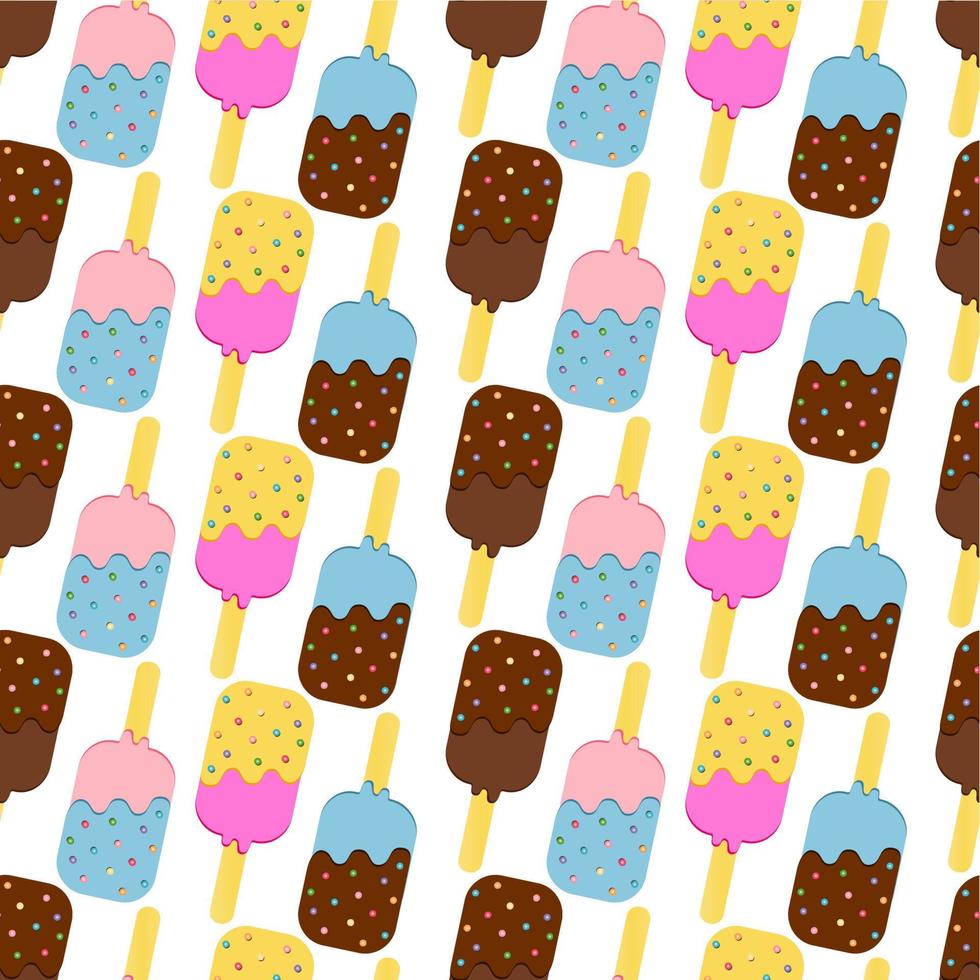 Seamless Colorful Ice Cream Pattern. Ice Cream Dessert on a Wooden Stick. Vector illustration.