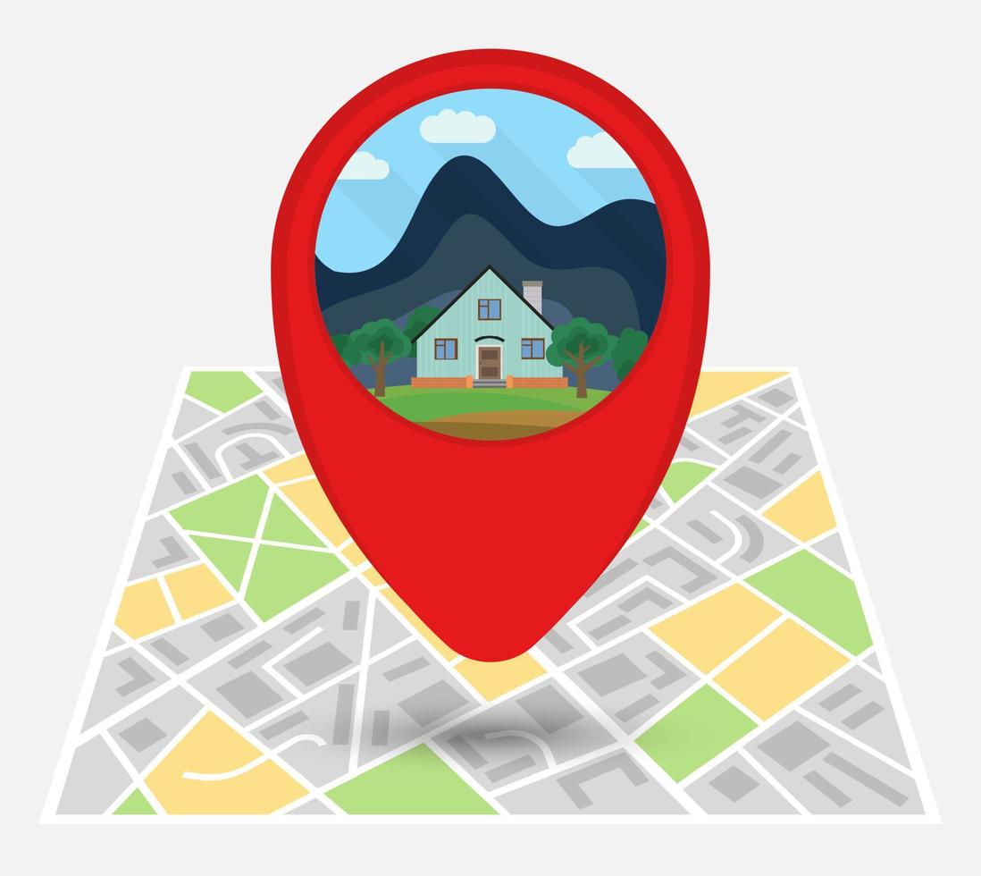 mapa de una ciudad imaginaria con punto en el mapa con una casa solitaria. ilustración vectorial vector
