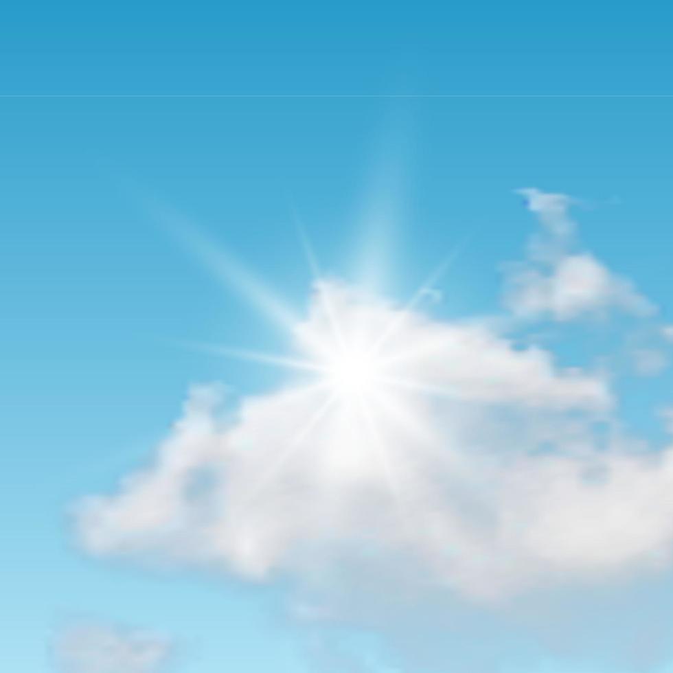 Natural background with clouds and sun on blue sky. Realistic cloud on blue backdrop. Vector illustration
