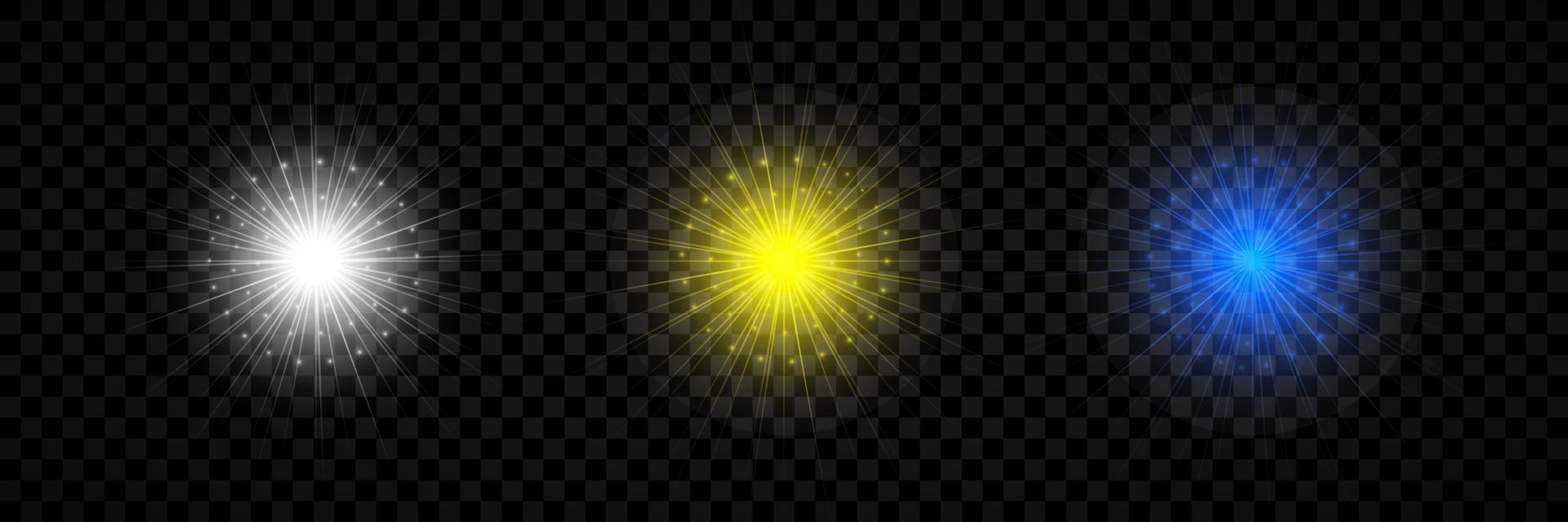 Light effect of lens flares. Set of three white, yellow and blue glowing lights starburst effects with sparkles vector