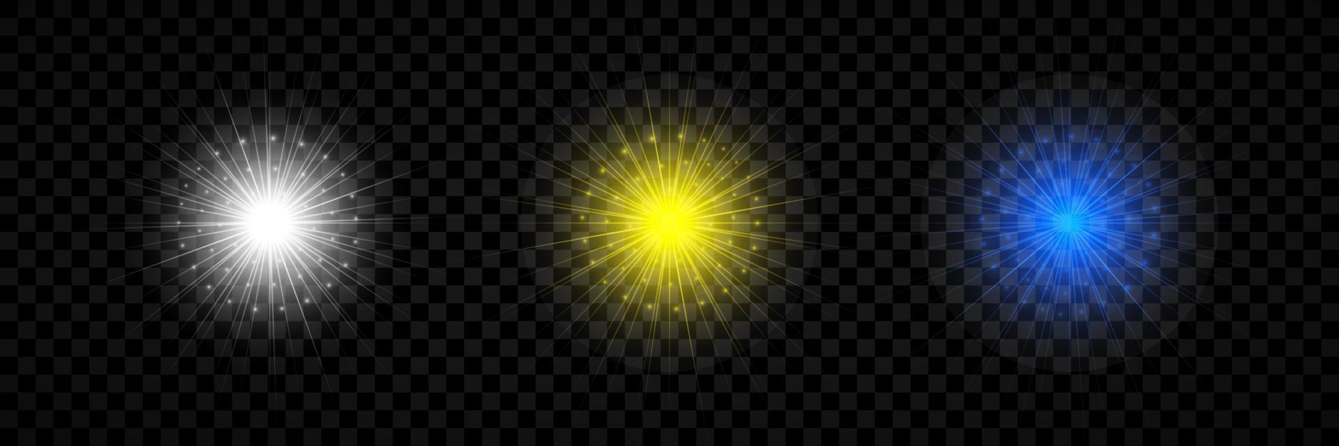 Light effect of lens flares. Set of three white, yellow and blue glowing lights starburst effects with sparkles vector