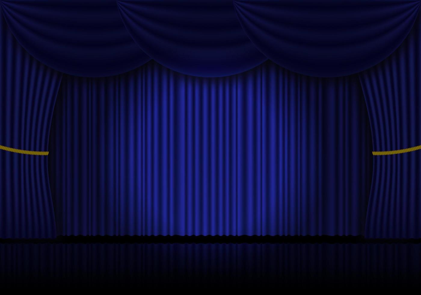 Blue curtain opera, cinema or theater stage drapes. Spotlight on closed velvet curtains background. Vector illustration