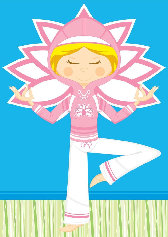 linda dibujos animados meditando yoga niña en capucha ilustración vector