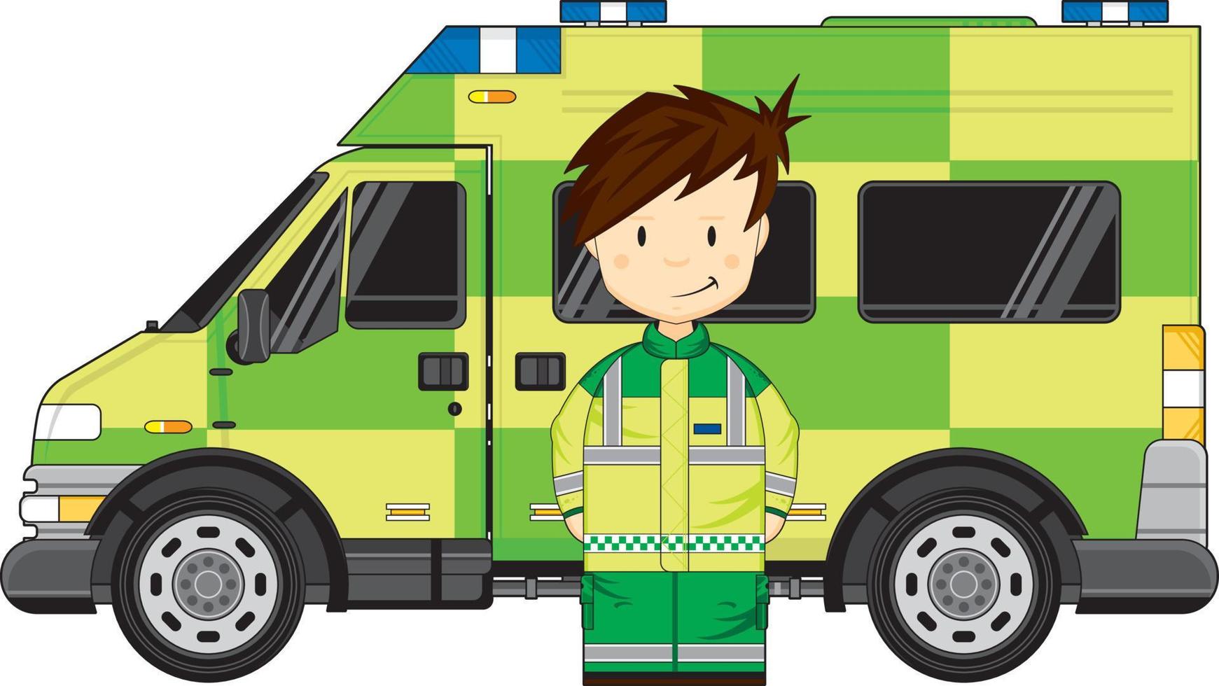 Cute Cartoon British Paramedic with Ambulance vector